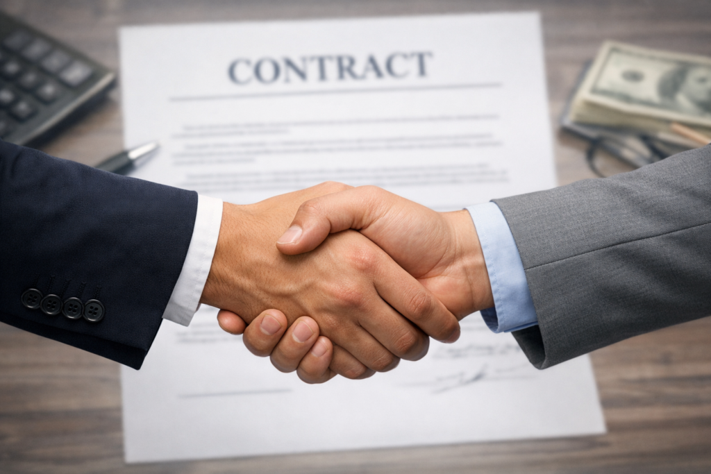 수출 계약 체결과 바이어 협상 이미지