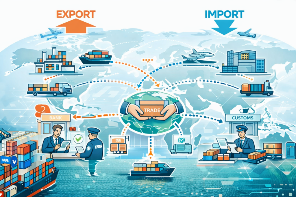 수출과 수입 개념 및 글로벌 무역 흐름 이미지
