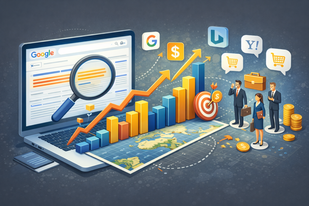 SEO 최적화된 회사 홈페이지와 글로벌 바이어 유입 이미지