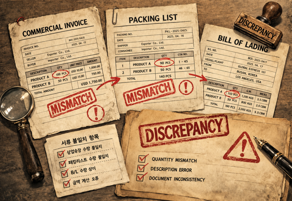 CI PL 서류 오류 확인과 문제 발생 이미지