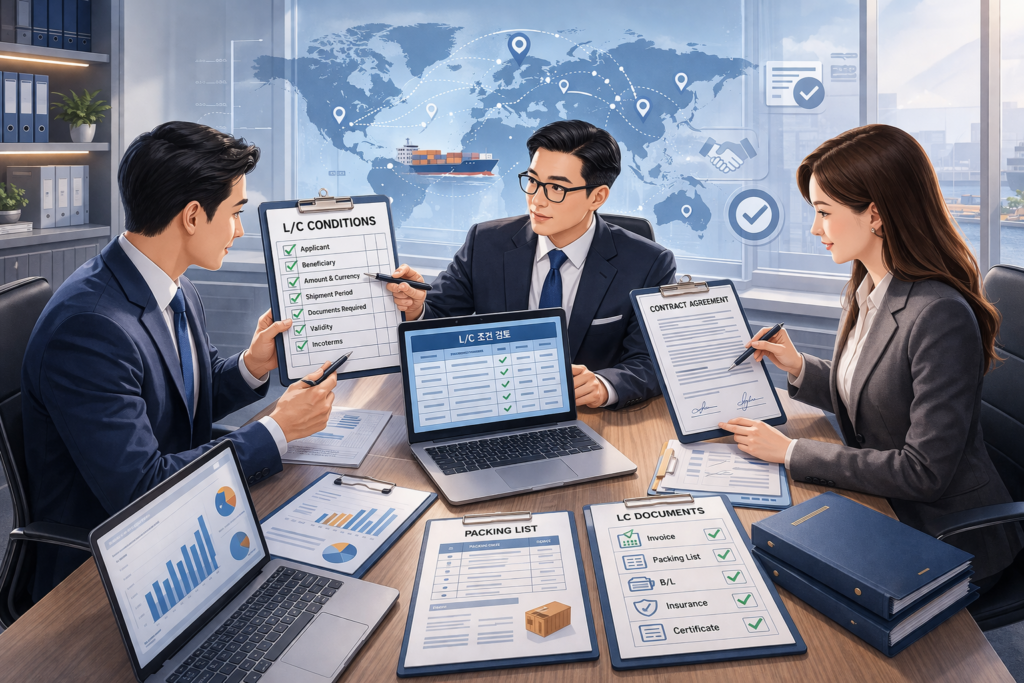 LC 조건 검토와 계약 협상 서류 확인 이미지