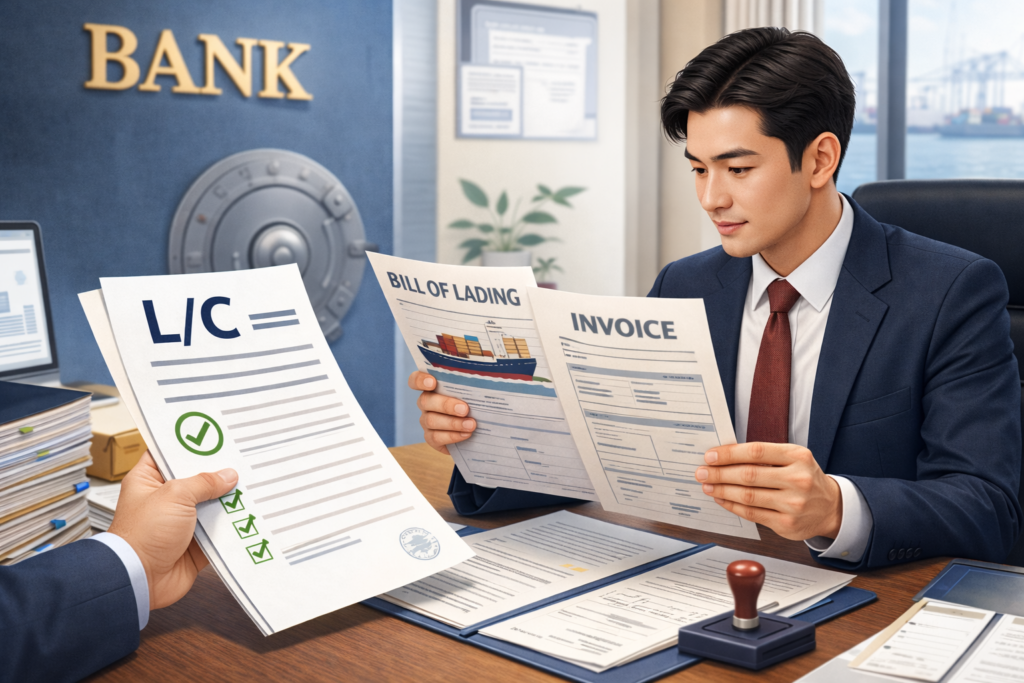 LC 거래에서 은행이 선적서류를 검토하는 이미지