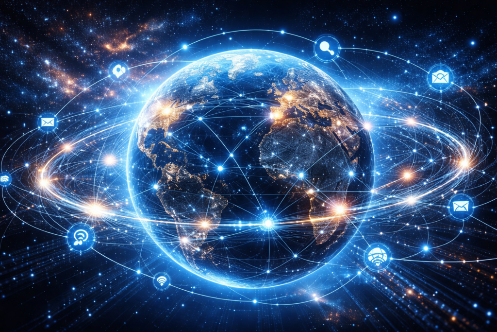 글로벌 스타트업 네트워크와 디지털 세계 지도 이미지