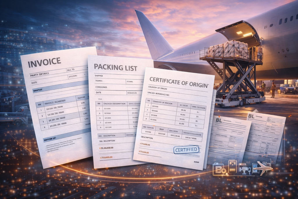 상업송장 CI와 패킹리스트 PL 수출 서류 및 컨테이너 물류 이미지