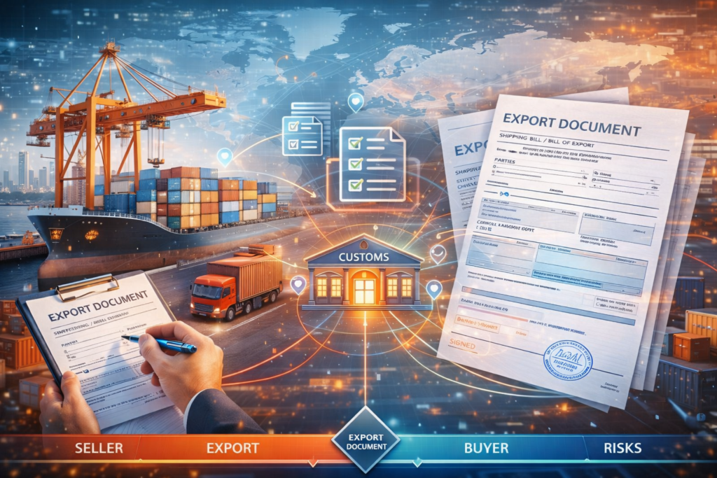 수출면장 발행과 수출 통관 서류 및 컨테이너 물류 이미지
