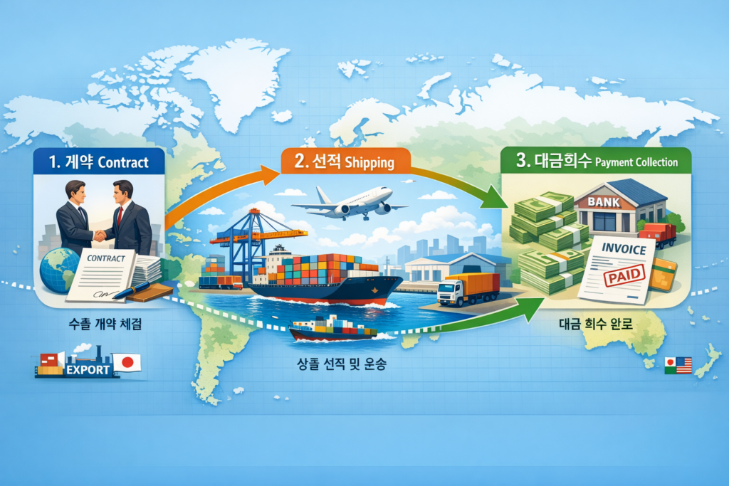 수출 프로세스 전체 흐름과 글로벌 물류 네트워크 이미지