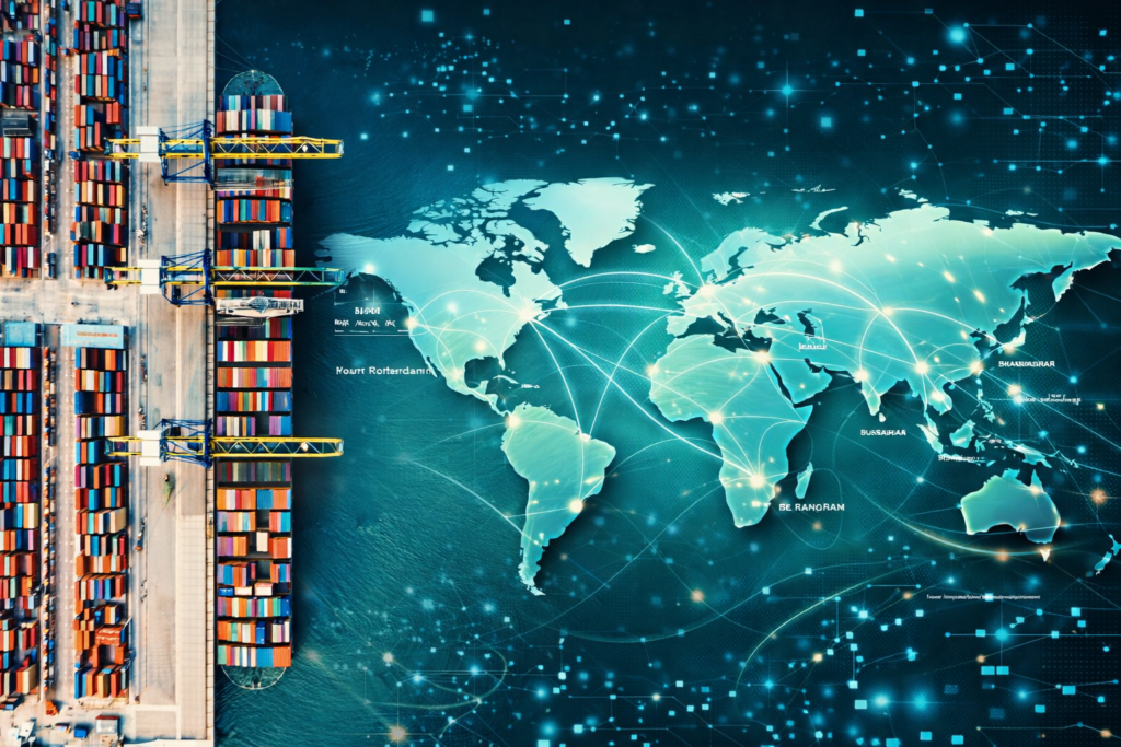 글로벌 무역 수출입과 세계 지도 물류 네트워크 이미지