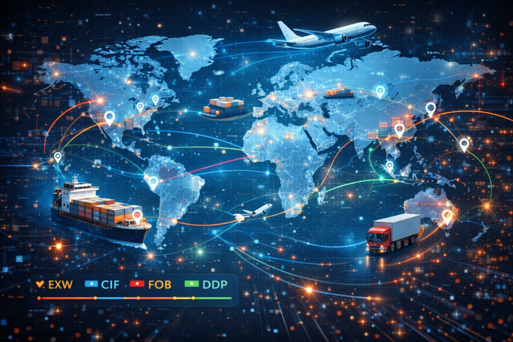 인코텀즈 2020 개념과 글로벌 물류 흐름을 보여주는 이미지