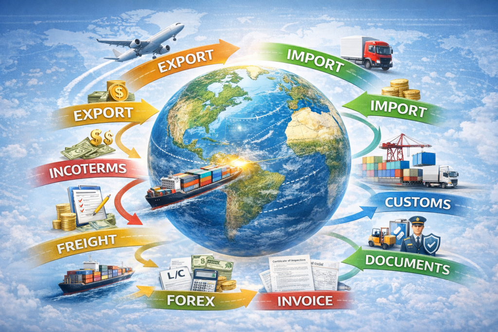 무역 용어와 글로벌 수출입 개념 이미지