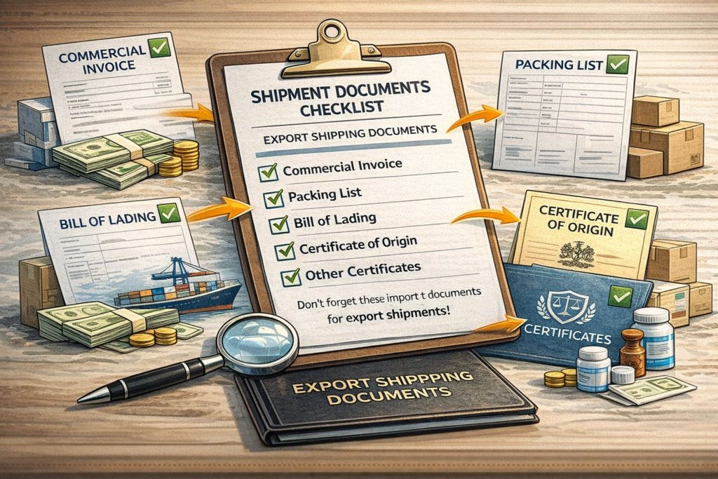 선적 서류 체크리스트와 수출 물류 서류 이미지